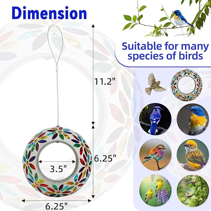 VOREEN Mosaic Glass Bird Feeder, Handcrafted Hanging Fly-Through Feeder for Outdoor Garden & Backyard, Decorative Wild Bird Feeder with Steel Wire Cable, Mosaic Colorful Flowers