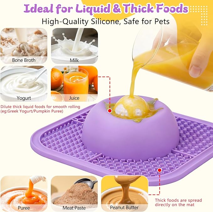 PetsHome Slow Feeder Dog Bowls & Lick Mat for Liquid and Thick Treat, Anti-Slip Dog Lick Bowl with Interactive Rolling Ball, 5/6 Cup Pup Licking Toy for Large Medium Small Dogs and Cats Purple