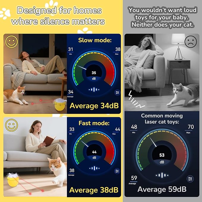 Automatic Laser Play Cat Toy with Dual Beams, Ultra-Quiet 35–38dB, Rotating Wobble Base & 3 Smart Modes – Hands-Free Interactive Toy for Indoor Cats