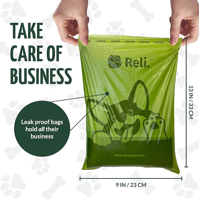 Reli. Biodegradable Dog Poop Bags w/Holder (1200 Count - 80 Rolls Bulk) | Leash Clip Dispenser | 9x13" Large Dog Bags for Poop | Green Eco-Friendly Oxobiodegradable Waste Disposal Refills (Unscented)