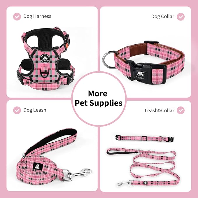 NESTROAD Dog Collar and Leash Set,Soft Neoprene Pet Collar with Quick Release Buckle,Adjustable Nylon Dog Collars for Small Medium Large Dogs(Small,Cherecked Pink)