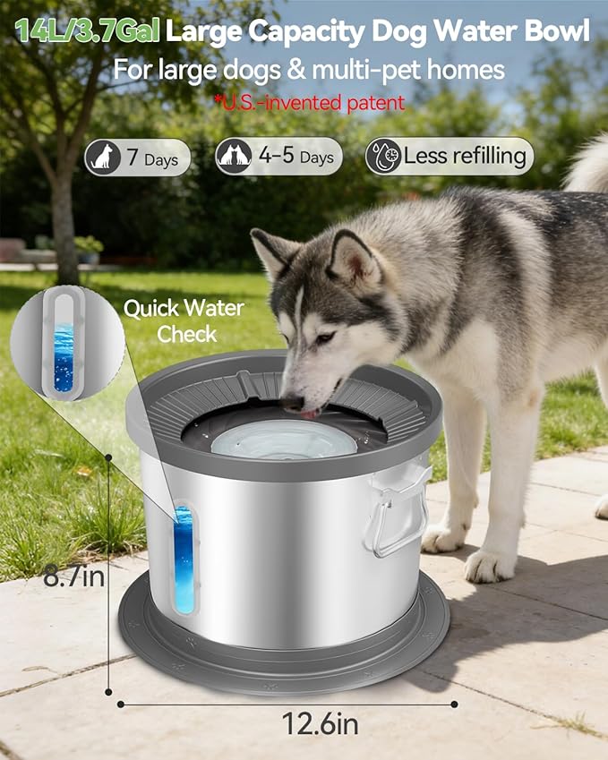 UPSKY 14L No Spill Dog Water Bowl, Stainless Steel Spill Proof Dog Bowl with Water Window, Dual-Suction Anti-Slip Large Capacity Slow Drinking Bowl with Floating Disk for Large Dogs & Messy Drinkers