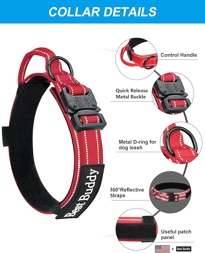 AUBELL Tactical Dog Collar and Leash Set, Reflective Adjustable Heavy Duty Military K9 Collars with Handle and Metal Buckle for Medium Dogs, with Airtag Case and 2 Patches(Red,M)