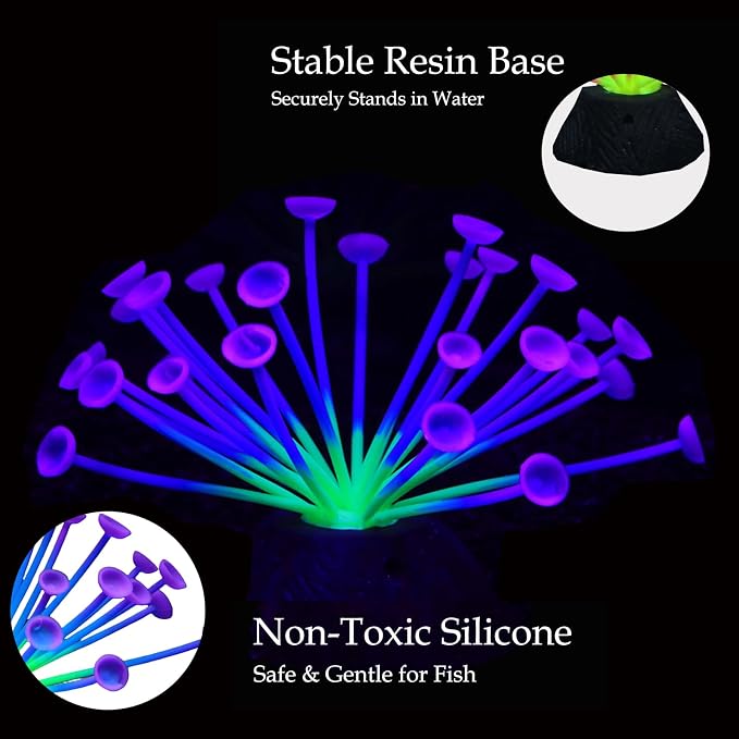 ZtohPyo Glowing Effect Soft Coral Aquarium Fish Tank Decorations Silicone Glow Artificial Ornament Coral Reef Plants for Aquarium Small/Large Fish Bowl Decor Accessories (Purple Trumpet-Shaped)