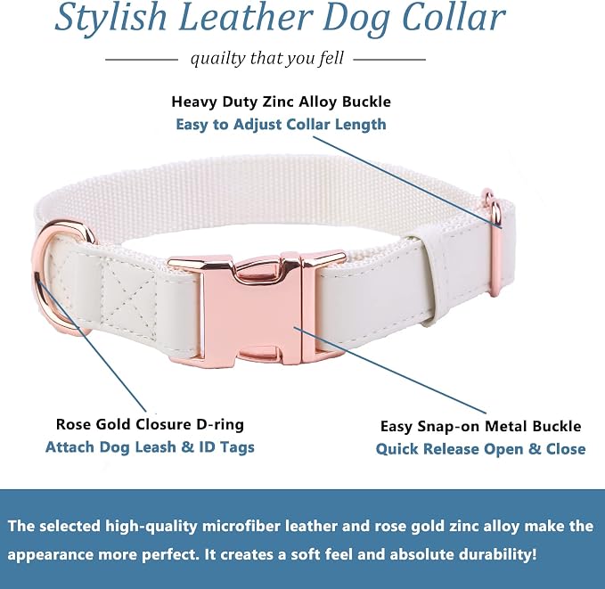 Dog Collar and Leash Set.Soft and Easy to Clean Vegan Leather with Rose Gold Metal Buckle for Small Medium Large Dogs (Off-White, L(15.4”-24.8“)
