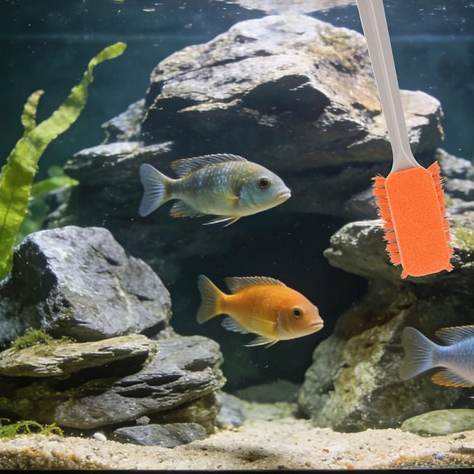 Small Fish Tank Cleaner Brush, Aquarium Algae Scraper Tool with 2 Cleaning Replacement Pads Compact Aquarium Cleaning Kit for Glass & Acrylic Tanks Accessories (Orange)