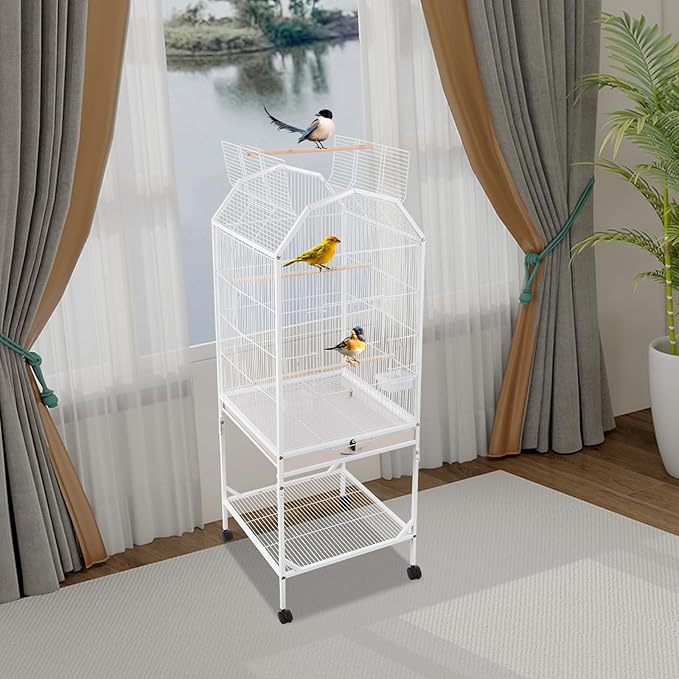 53.5 Inch Iron Bird Cage, Large Parakeet Cages with Play Open Top and Rolling Stand, Bird House with Detachable Stand and Pull-Out Tray for Cockatiels, Parrots, Lovebirds, Canaries (White, Style B)