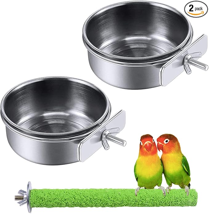 PINVNBY Parrot Feeding Dish Cups,Stainless Stee Bird Feeder Birds Food Water Bowls with Clamp Holder,Parakeet Cage Dish Perch Stand Toys(3 Pcs)