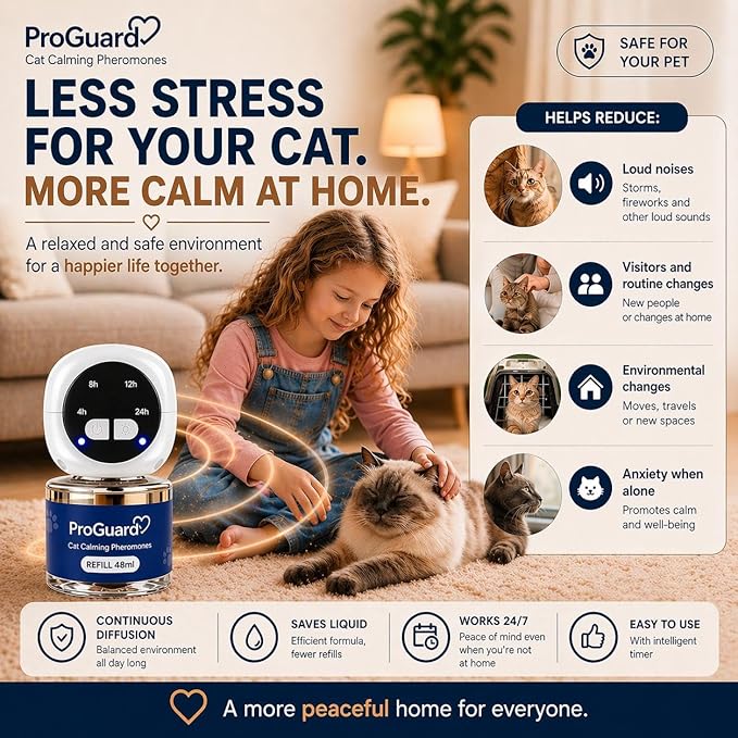 ProGuard® Cat Calming Diffuser Kit with Timer – Advanced Support to Reduce Stress, Spraying, Scratching, Fighting and Hiding – Cat Pheromone Diffuser 9-in-1 with 3 Diffusers with Timer + 6 Refills