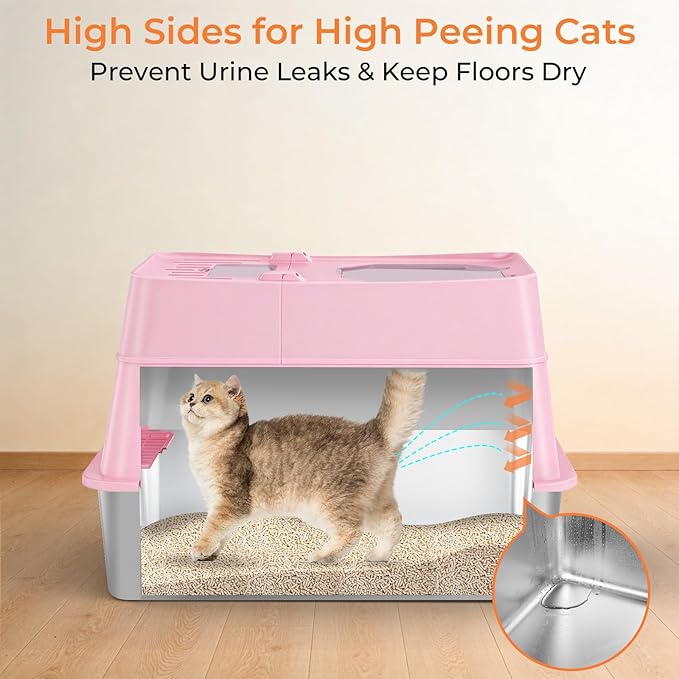 URPOWER Stainless Steel Cat Litter Box with Flip-Top Lid Extra Large Enclosed Litter Box Non-Sticky Metal Pan with High Sided & Scoop, Odor Free, Front & Top Entry, Anti-Leakage, Easy Cleaning