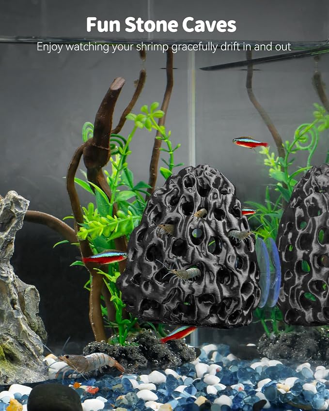 Uniclife Shrimp Cave, Shrimp Hides for Aquarium, Realistic Plastic Aquarium Coral Rock Decorations with Suction Cup, Betta Hideout Tank Accessories for Fish Tank Decor, Hiding & Resting, Black