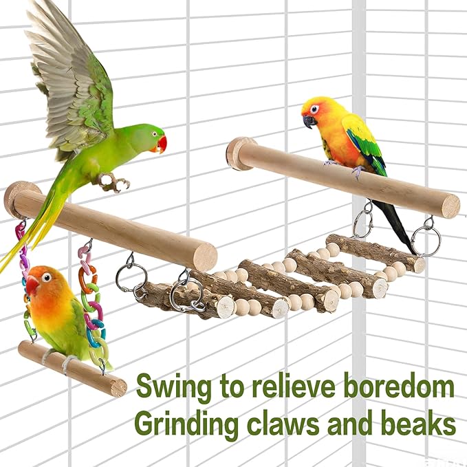 Bird Perches Ladder with Swing, Natural Wood Parrot Climbing Bridge Perch Toys,Wood Climbing Ladder for Parakeet, Exercise Play Stand Parakeet Cage Accessories for Budgie Conure Lovebird Canary,A
