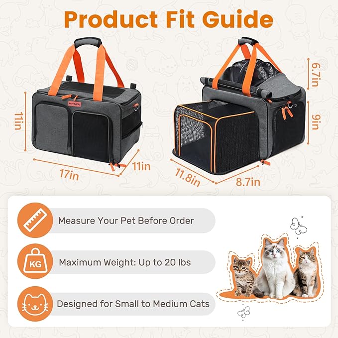 Cat Carrier Soft Sided Airline Approved for Small Pet Dog Travel, Collapsible Top Loading Bag for Medium Animal Kitten Puppy Long Car Trip, Expandable Fabric Sturdibag for Kitty Under 20 lb