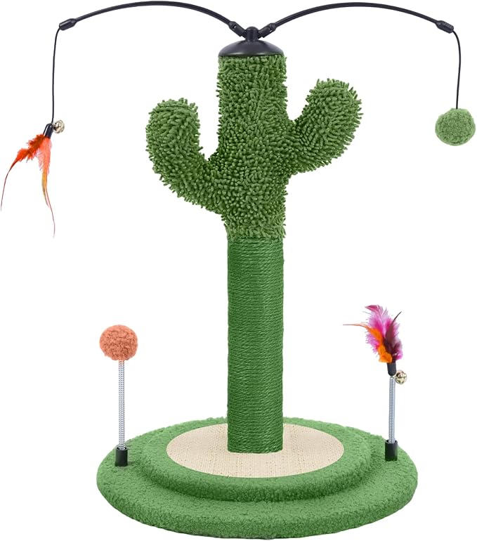 YUNIQUE Cactus Cat Scratching Post with Sisal Rope, Small Cat Tree with Dangling Balls & Feather for Kittens (Green, 22.8'')