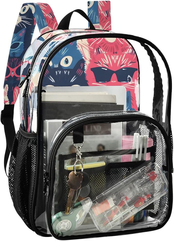 Bolaz Clear Backpack for School Cats Wear Glasses Transparent Bookbag for Girls See Through PVC Boy Backpacks