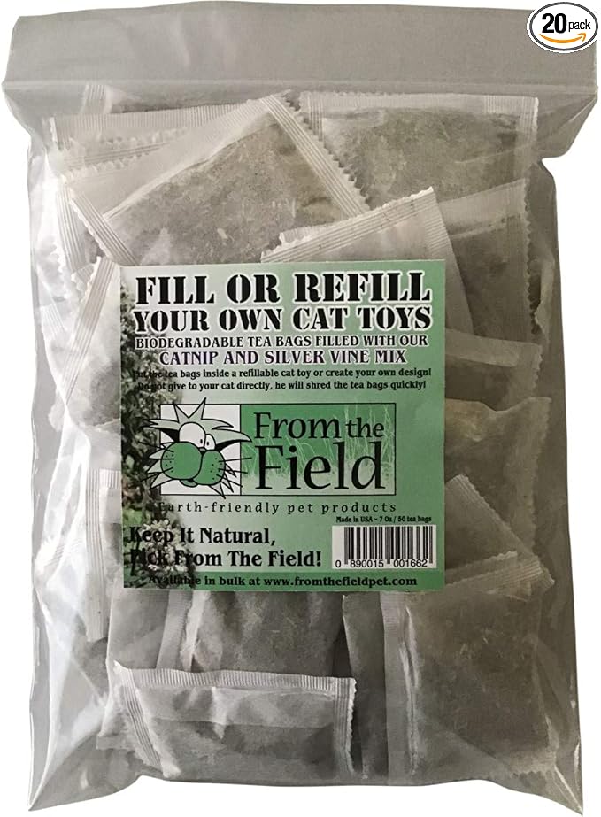 from The Field | Catnip Tea Bags | Ultimate Blend of Catnip & Silver Vine | Biodegradable, Non-GMO, Chemical-Free Refill Packs for Cat Toys | Safe, Potent, Mess-Free | 20 Pack, Made in USA