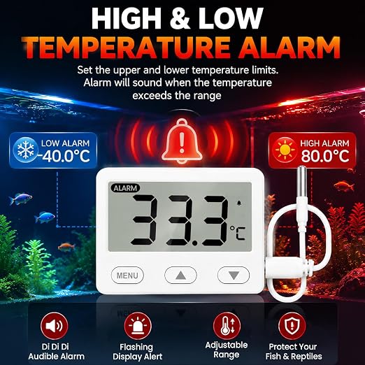 Fish Tank Aquarium Thermometer with Probe, 2.65" Large LCD and Alarm | 4.9 ft Probe, 2-sec Refresh, ±1°F Accuracy, -40℉ to 176℉, High Low Alert, Calibration, °F/°C Switch for Betta Turtle Tank