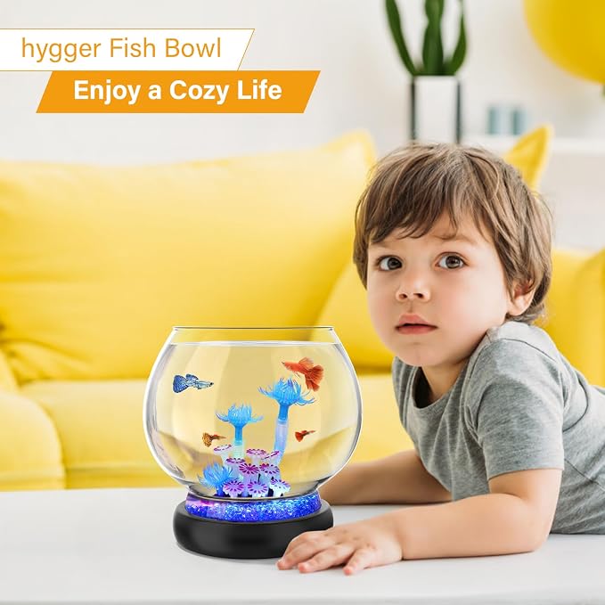 hygger 0.5 Gallon/1 Gallon Glass Fish Bowl with LED Light and Decor, Small Round Betta Fish Tank Goldfish Bowl, Round Clear Unbreakable Aquarium/Vase/Hydroponic Plant Terrarium, Nice Centerpieces