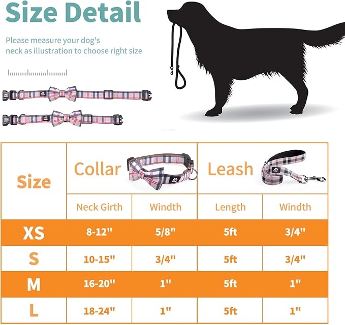 IVY&LANE Dog Collar with Bowtie and Leash Set | Plaid Adjustable Dog Collar | Detachable Bow Tie |5 FT Dog Leash | for Small Medium Large Dogs | Checkered Beige | Large