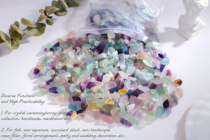 QINJIEJIE 1.5lbs 680g Fluorite Crystal Gravel Stones Tumbled Polished Rocks | Colorful Fluorite Crushed Healing Quartz Home Decoration Aquarium Tank Succulent Vase Filler Landscape Bottom Ornament