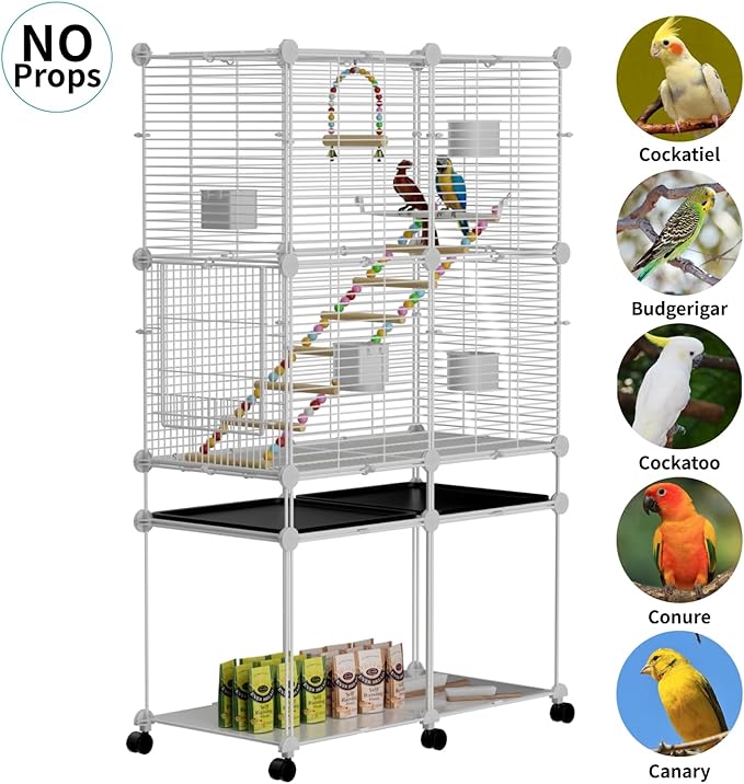 STILLCOVE Standing Large Bird Cage, Parakeet Cage with Detachable Stand & Wheels, Wide Flight Birdcage for Parrot Cockatiel Conure Budgie Canary Finch Lovebird