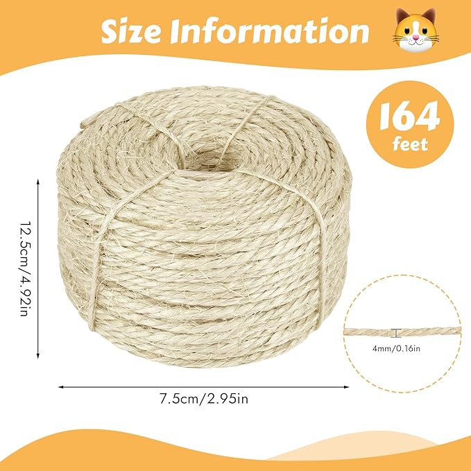 164 Feet Sisal Rope for Cat Scratching Post, 1/6 Inch Natural Cat Tree Rope, DIY Hemp Twine Rope for Repairing, Recovering Scratch Post Cats Tree Tower Replacement (Natural)
