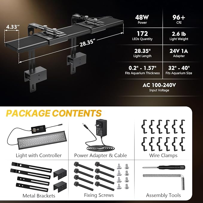 fishkeeper Clip-on Planted Aquarium Light, 6 Row LED, 48W, Dual Light Riser | 32-40in Full Spectrum Fish Tank Light with 24/7 Natural Mode, DIY Mode, Adjustable Height/Front-to-Back Aquarium Lamp Holders