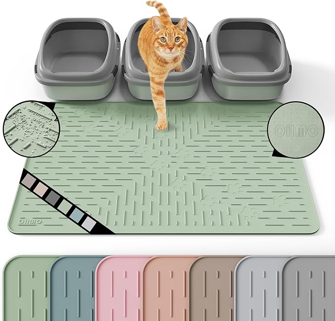 OHMO Cat Litter Mat XXL Trapping Mat Premium Silicone Rubber 37.5x25.2 Sage Green, Waterproof and BPA Free Kitty Litter Box Mat, Easy to Clean and Keeps the Floor Tidy