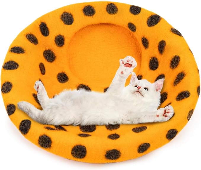 Woolygon Premium Felt Cat Cave Bed – Wool Kitty Beds Handcrafted Kitten Caves Bed for Indoor Cats - Made from Merino Wool, Foldable Cat Hideaway Covered Cat House Pod (Orange Polka)