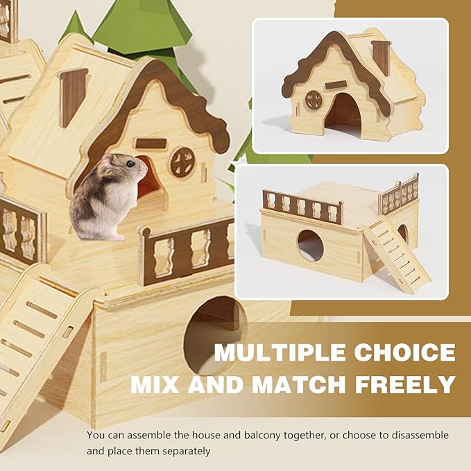 Wooden Hamster Platform and Dwarf Hamster House,Cute Syrian Hamster Tiny House Hideout,Large Balcony Lookout Holes,for Dwarf Gerbils and Mouse Mice Rat Other Small Animals(G)