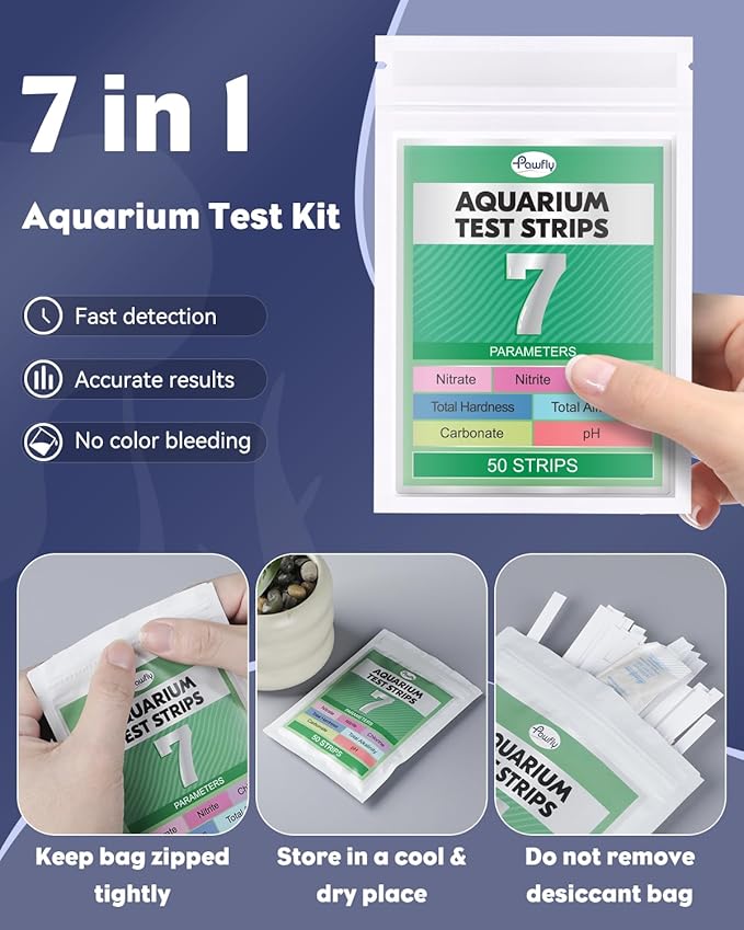 Pawfly 7 in 1 Aquarium Test Strips, 50 Strips Fish Tank Testing Strips for pH Chlorine Nitrate Nitrite Carbonate Hardness Total Alkalinity Water Quality Freshwater Saltwater Monitoring Kit
