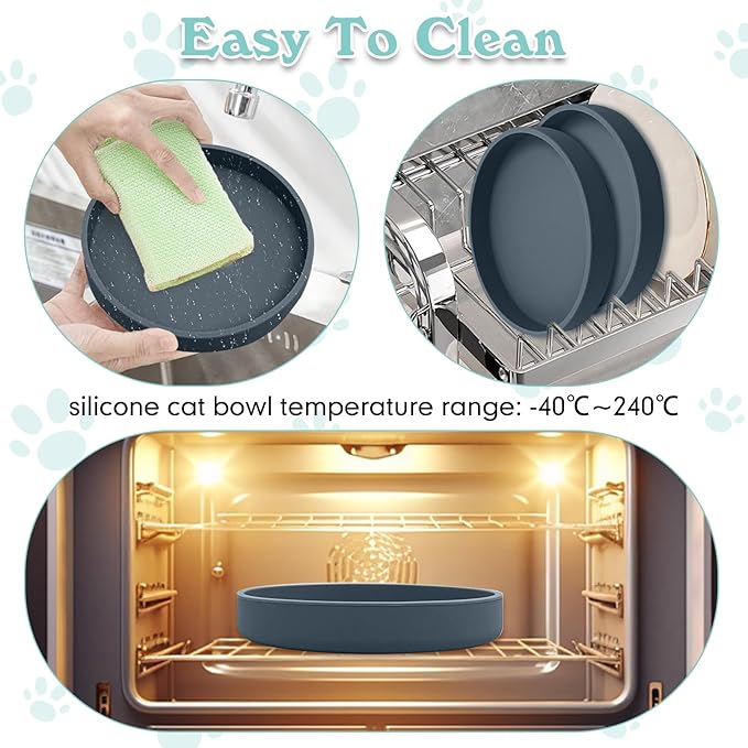 Silicone Cat Food Bowls Shallow Cat Dishes 5.9in Wide Pet Plates Set of 2 Small Flat Dog Saucer Bowl Cute Whisker Fatigue Kitten Feeding Dish for Dry & Wet Food (Round Dark Grey)