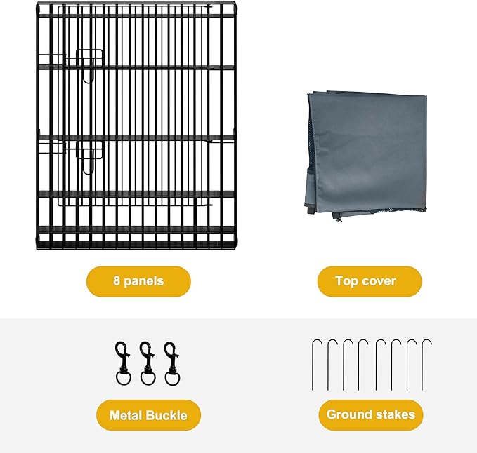 Dog Playpen with Top Cover,Foldable Metal Puppy Play Pen,24x30in 8 Panels Dog Playpen with Door for Indoor Outdoor,Heavy-Duty Pet Exercise Fence for Small Medium Animals