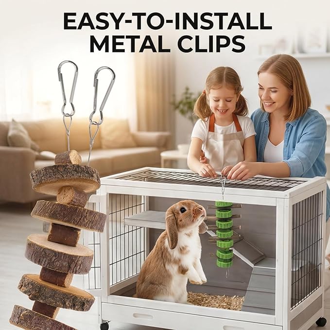 5pcs Rabbit Toys,Bunny Chew Treat for Teeth Grinding,Hanging Timothy Hay Ball +Apple Stick Wood +Alfalfa Grass Cake Food Snack for Cage Guinea Pig Chinchilla Hamster Squirrel Gerbil Rat Parrot