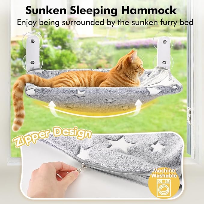 Zoratoo Cat Window Perch, Glow in The Dark Cordless Foldable Pet Hammock Bed for Window with Sturdy Metal Frame, Glowing Stars Pattern Resting Seat for Indoor Cats (Stars - L)