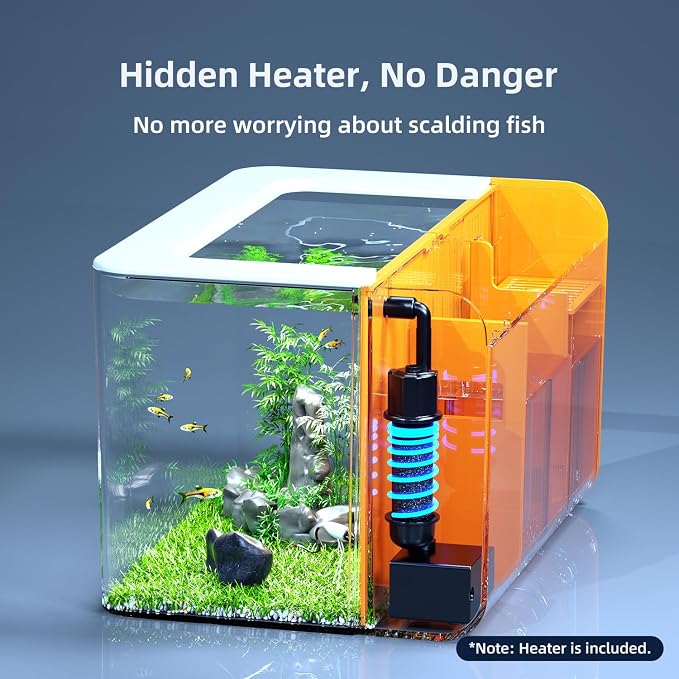 2.5 Gallon Fish Tank Kit with Heater for Betta, Shrimp, Guppy, Acrylic | Dry-wet Separation Filtration, Self-cleaning, Ultra-quiet, 3 Color Light, 10 Brightness, Adjustable Water Flow, Round Corner