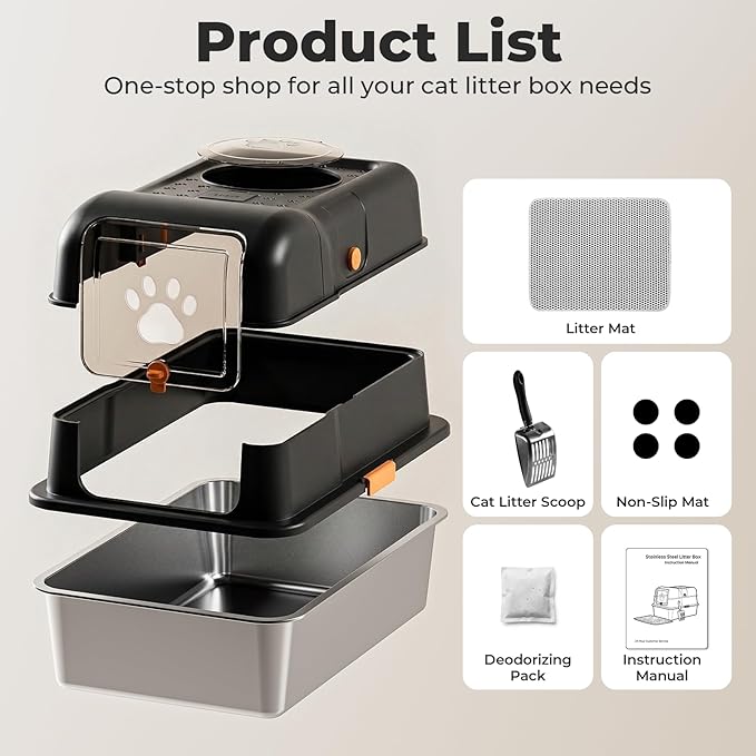 24″Lx16″Wx15″H Non-Stick Stainless Steel Litter Box with Lid, No-Mess Odor Control Anti-Leak Cat Litter Box, 3-in-1 Fully Enclosed High-Sided Litterbox with Flip Top (Black)