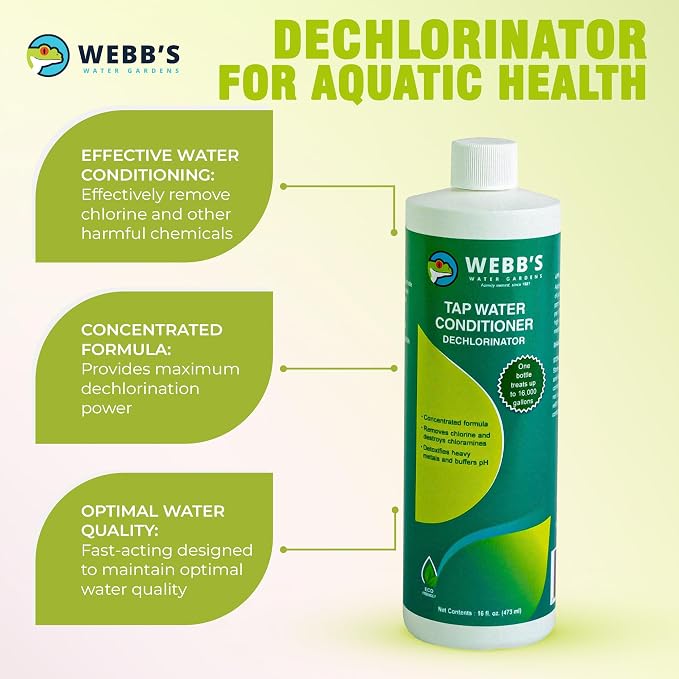 Webb's Water Gardens Essential Tap Water Conditioner Dechlorinator - Ideal for Ponds, Freshwater & Aquariums - Concentrated Formula for Dechlorinated Water - Liquid Supplies for Aquatic Pets - 16oz