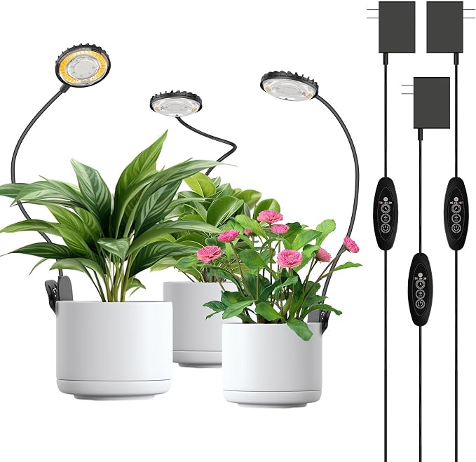 3 Pack Clip-On Grow Lights for Indoor Plants, 12W Each, Black | 4000K Full Spectrum, Flexible Gooseneck, 3/6/12H Timer, 4 Dimmable Levels for Racks