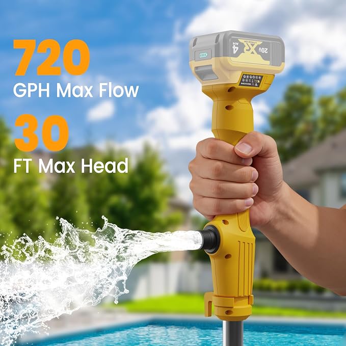 Cordless Stick Water Transfer Pump Compatible with Dewalt 20V Battery | Tool Only, 720 GPH Portable Electric Water Pump, Sump Pump, 160W Brushless Utility Water Pump for Pool, Garden, Pond and Boat