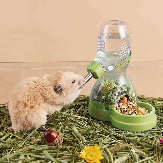 2 in 1 Hamster Water Bottle No Drip with Large Capacity Automatic Food Dispenser Small Animal Feeder for Syrian Dwarf Hamster Mouse Rat Degu (Green, 3oz)