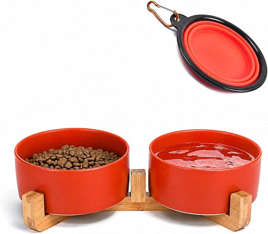 Petygooing Dog Bowls,Ceramic Cat Dog Bowl Set with Wood Stand for Food and Water,Non-Slip Cute Modern Pet Dish for Cats Small Size Dogs Puppy (13.5OZ/5.1 in) Rust Red