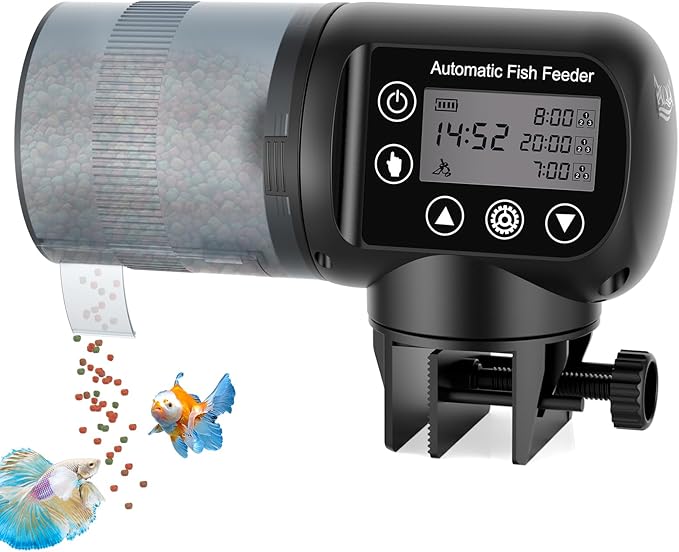 AQQA Automatic Fish Feeder 200ML, Programmable LCD Timer Auto Aquarium Feeder, Moisture-Proof Silent Fish Food Dispenser, Vacation Auto Feeder for Small Tank Betta Fish Turtle
