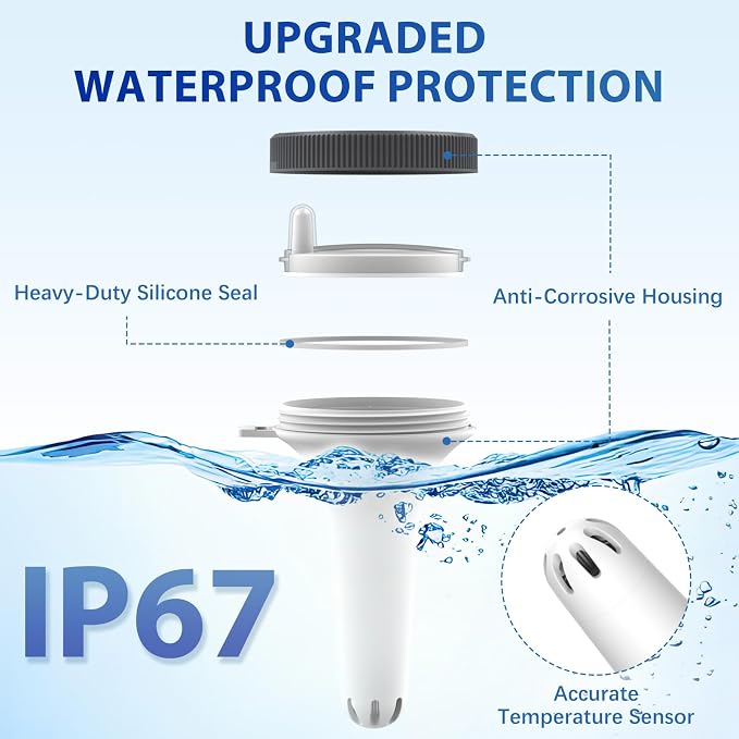 Nuovoware Digital Floating Pool Thermometer, Easy Read Screen Display | Wireless Thermometer, Remote Water IPX8 Waterproof for Swimming Pools, Fish Tank, Hot Tub