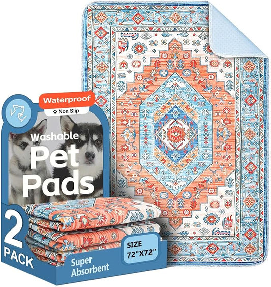 Washable Pee Pads for Dogs, 2 Pack Reusable Puppy Training Pads 72"x72" Super Absorbent Waterproof Dog Training Pads, Non-Slip Potty Pads, Whelping Pads Litter Mat Orange/Mix