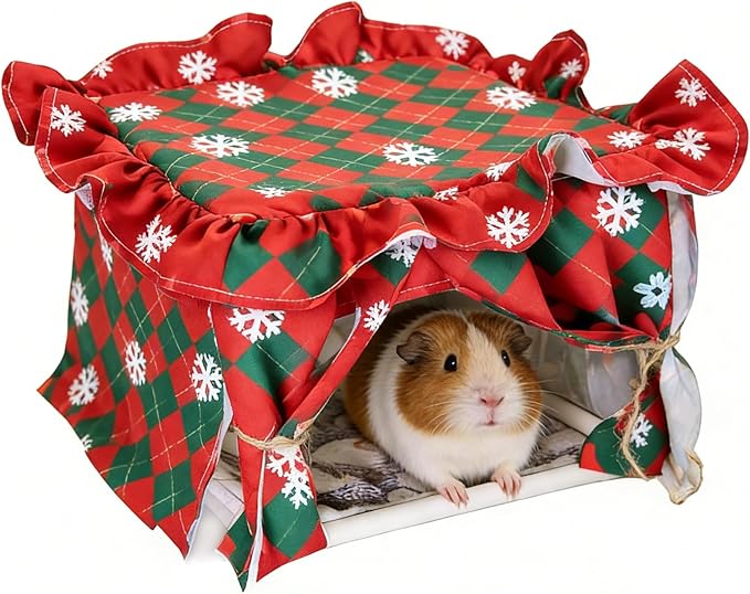 Guinea Pig Hideout Guinea Pig Tunnel Bed House Cave Detachable Guinea Pig Hiding Hut with Curtain for Chinchilla Ferret Hedgehog Hamster Cavy (Red and Green)