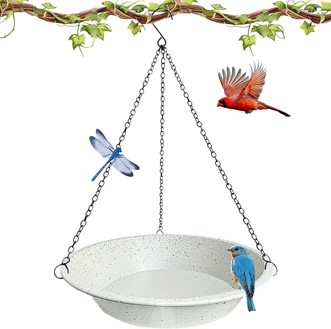 Hanging Bird Bath for Outdoor,Gray Speckled Granite Look Metal Bird Feeder Birdbath Bowl with 17” Rust-Proof Black Chains for Garden Backyard Decor