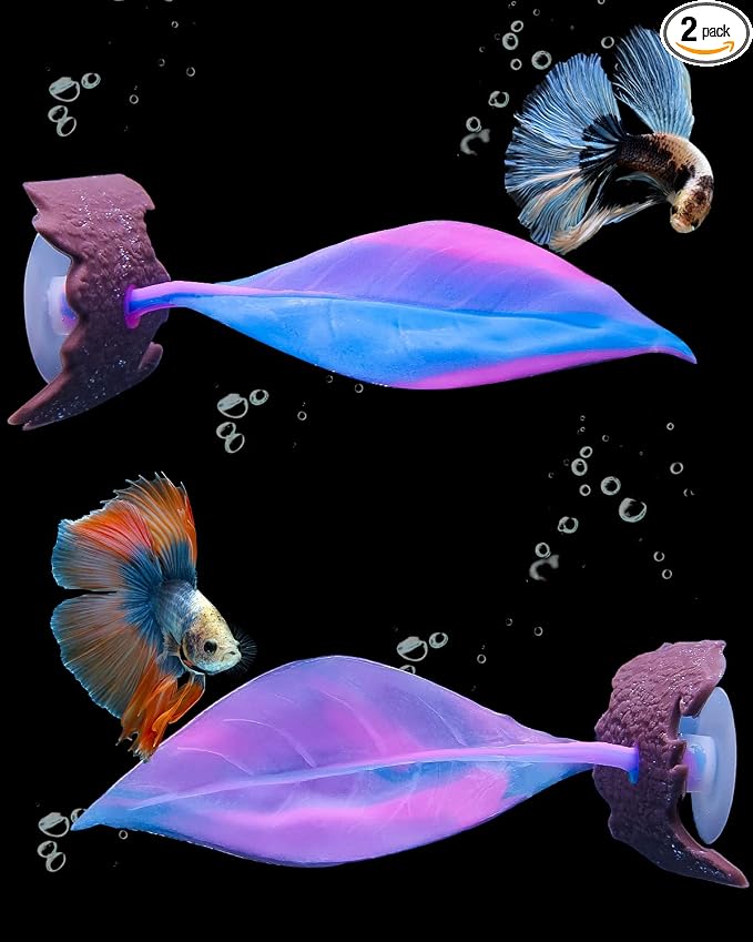 Uniclife Betta Leaf Hammock Soft Aquarium Rest Bed Fish Breeding Playing Pad with Suction Cup and Lifelike Bark Ornament Colorful Silicone Decoration for Fish Tank Landscape, 2 Pack