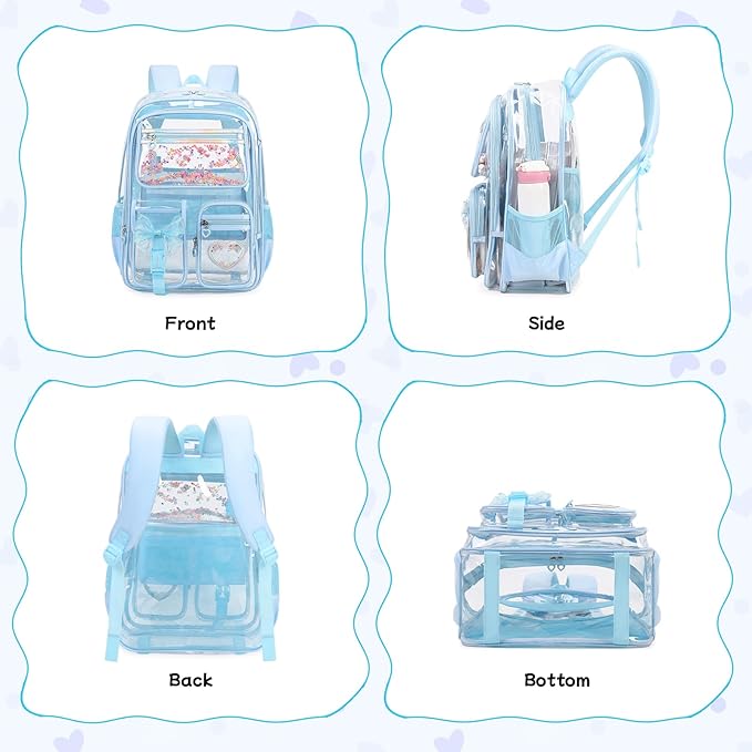 MOONBABY Clear Backpack for Girls, Clear Bookbag Heavy Duty Transparent Backpack for Stadium Events, See Through Back Pack for Kindergarten Elementary Middle High School, Blue