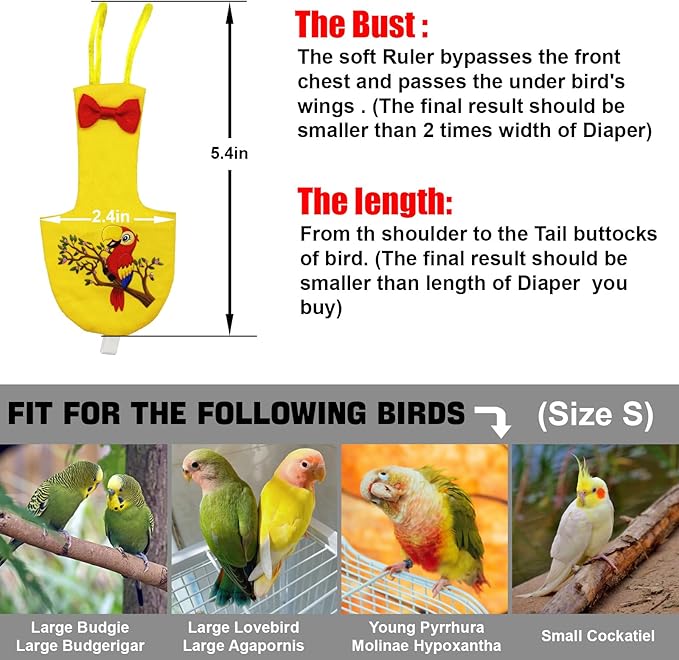 Bird Diaper Reusable Bird Flight Suit Washable Parrot Diapers Nappies Protective Breathable Nappy Clothes for Parakeet Parrot Macaw Budgie Canary Budgie Cockatiel(Yellow, Small)